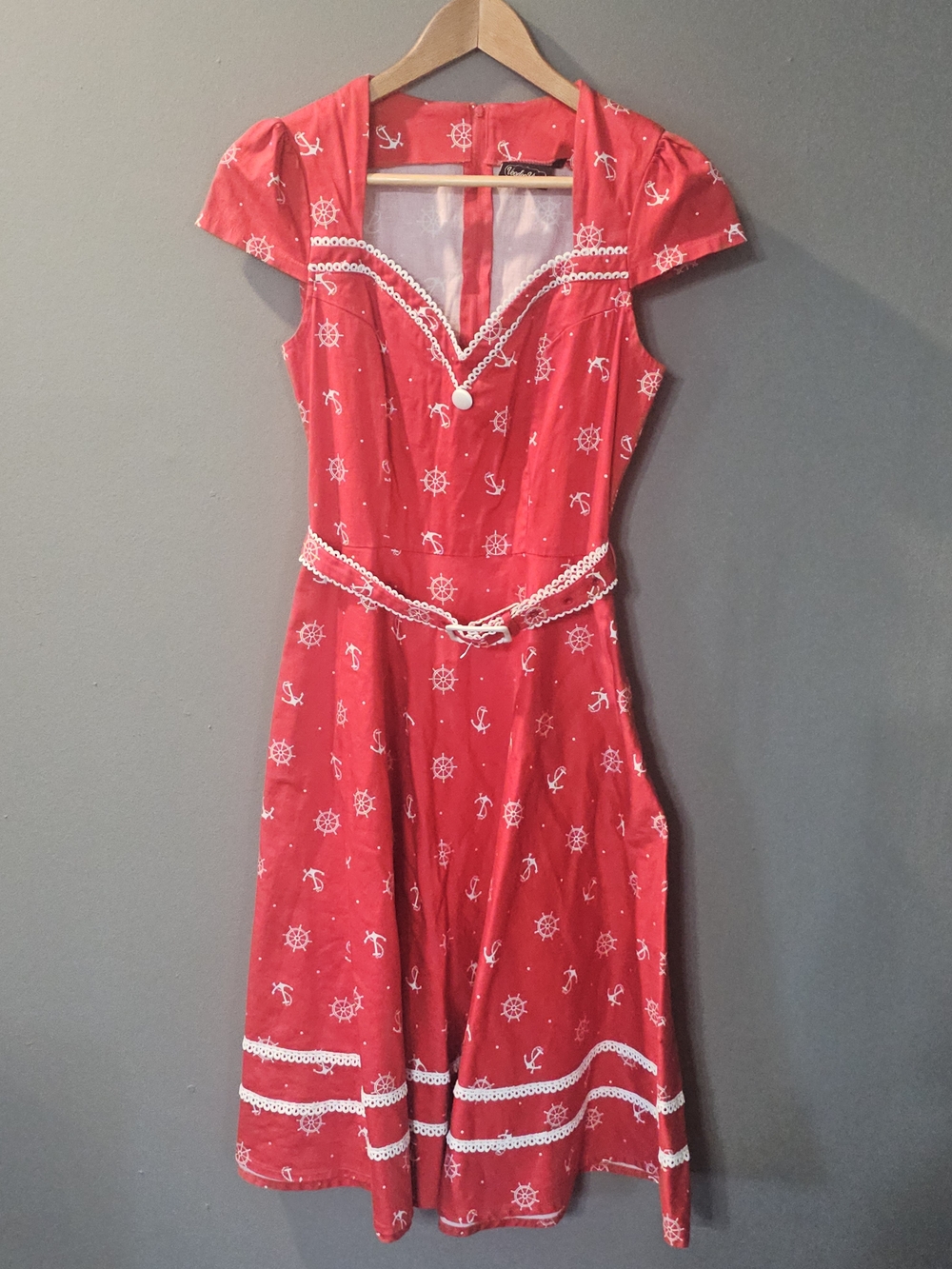 Voodoo Vixen Leslie Nautical Print Pinup Dress Red Rockabilly Retro Womens S